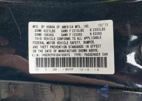 2014 Honda Accord Ex-L z USA, uszkodzony, nr VIN 1HGCR2F81EA106875